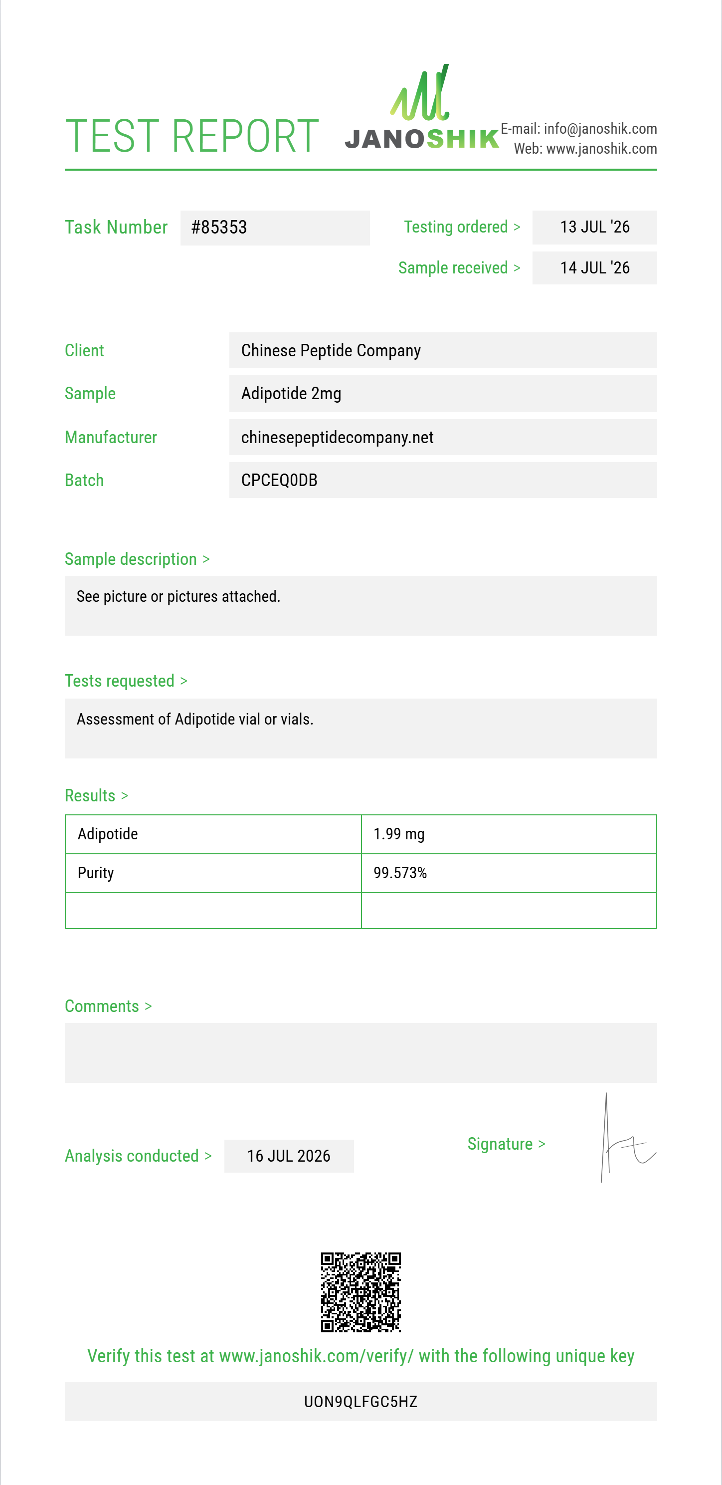 Adipotide Purity (HPLC) report by Janoshik Analytical