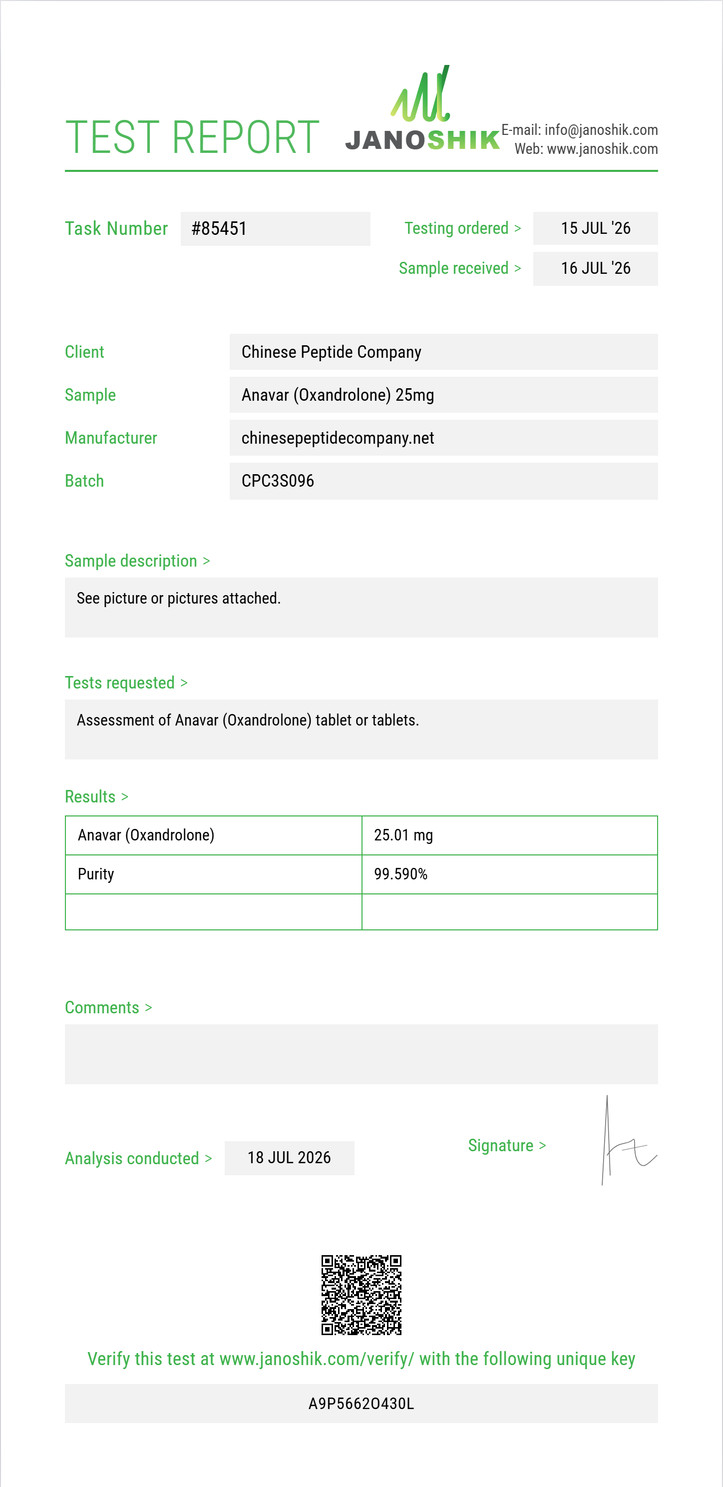 Anavar (Oxandrolone) Purity (HPLC) report by Janoshik Analytical