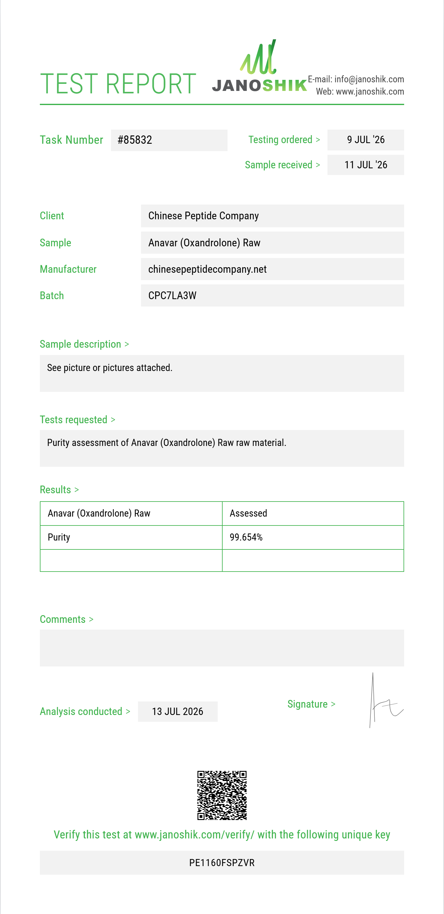 Anavar (Oxandrolone) Raw Purity (HPLC) report by Janoshik Analytical