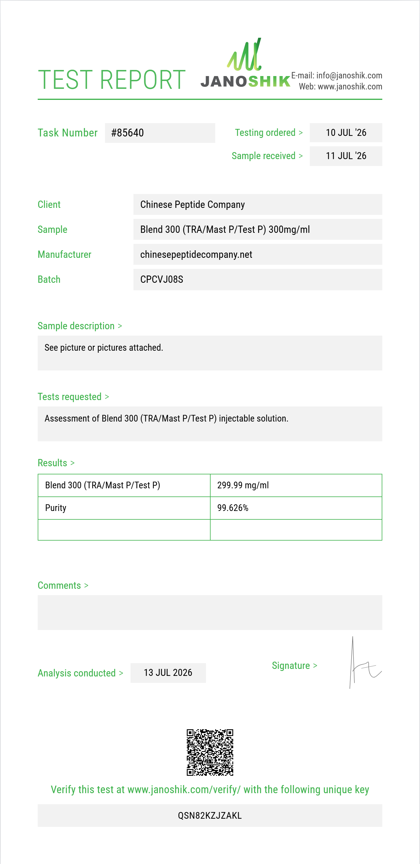 Blend 300 (TRA/Mast P/Test P) Purity (HPLC) report by Janoshik Analytical