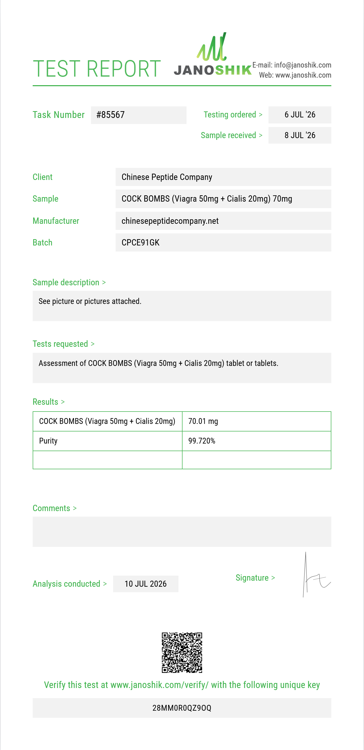 COCK BOMBS (Viagra 50mg + Cialis 20mg) Purity (HPLC) report by Janoshik Analytical