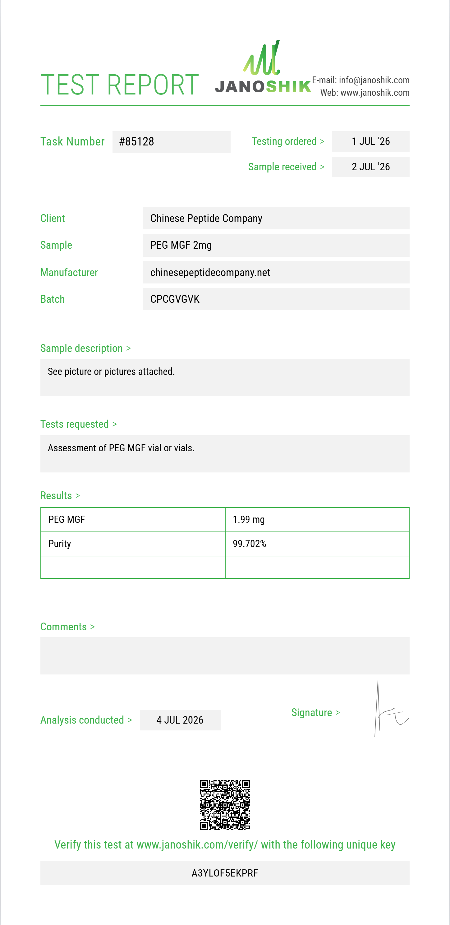 PEG MGF Purity (HPLC) report by Janoshik Analytical