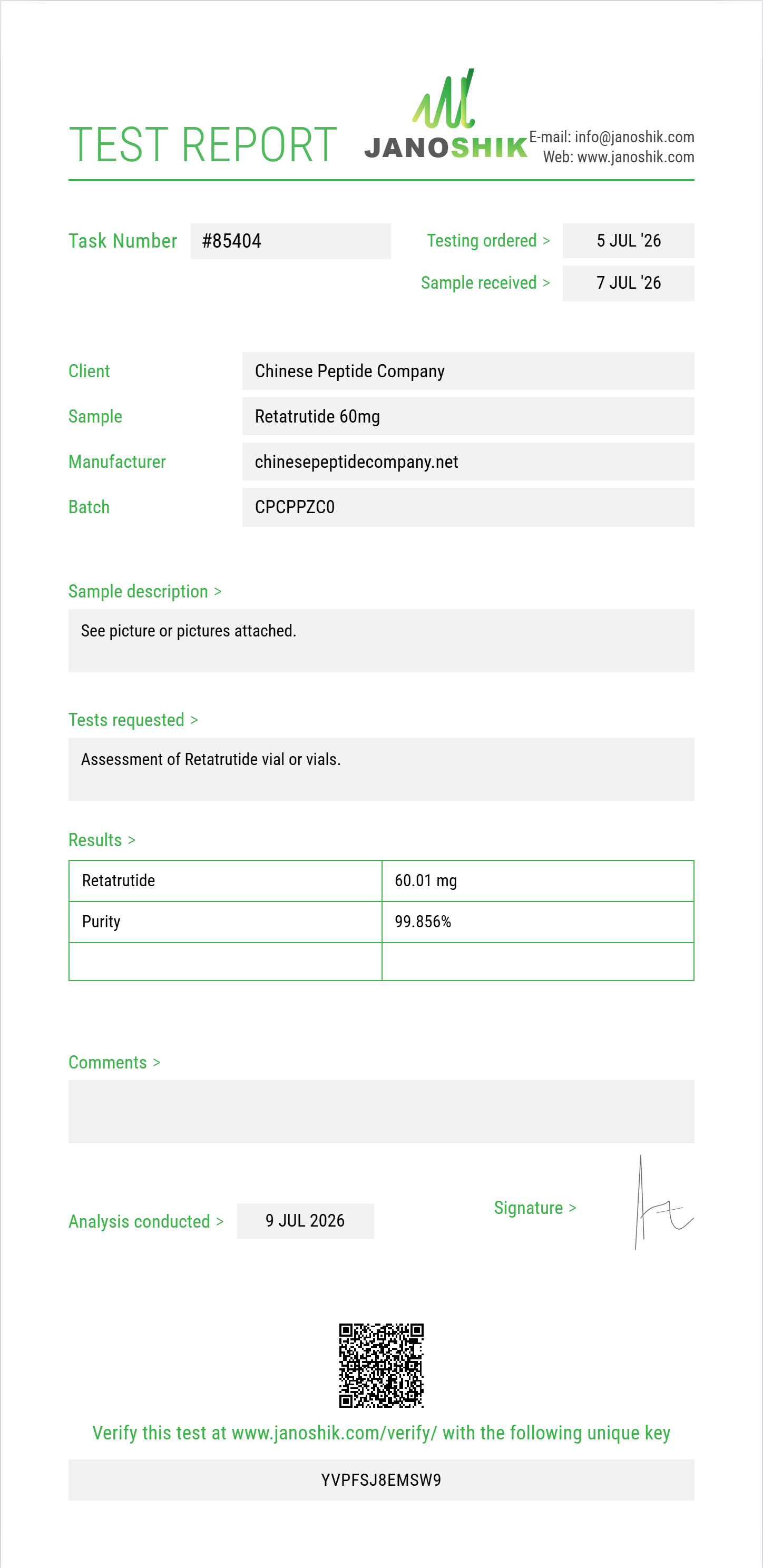 Retatrutide Purity (HPLC) report by Janoshik Analytical
