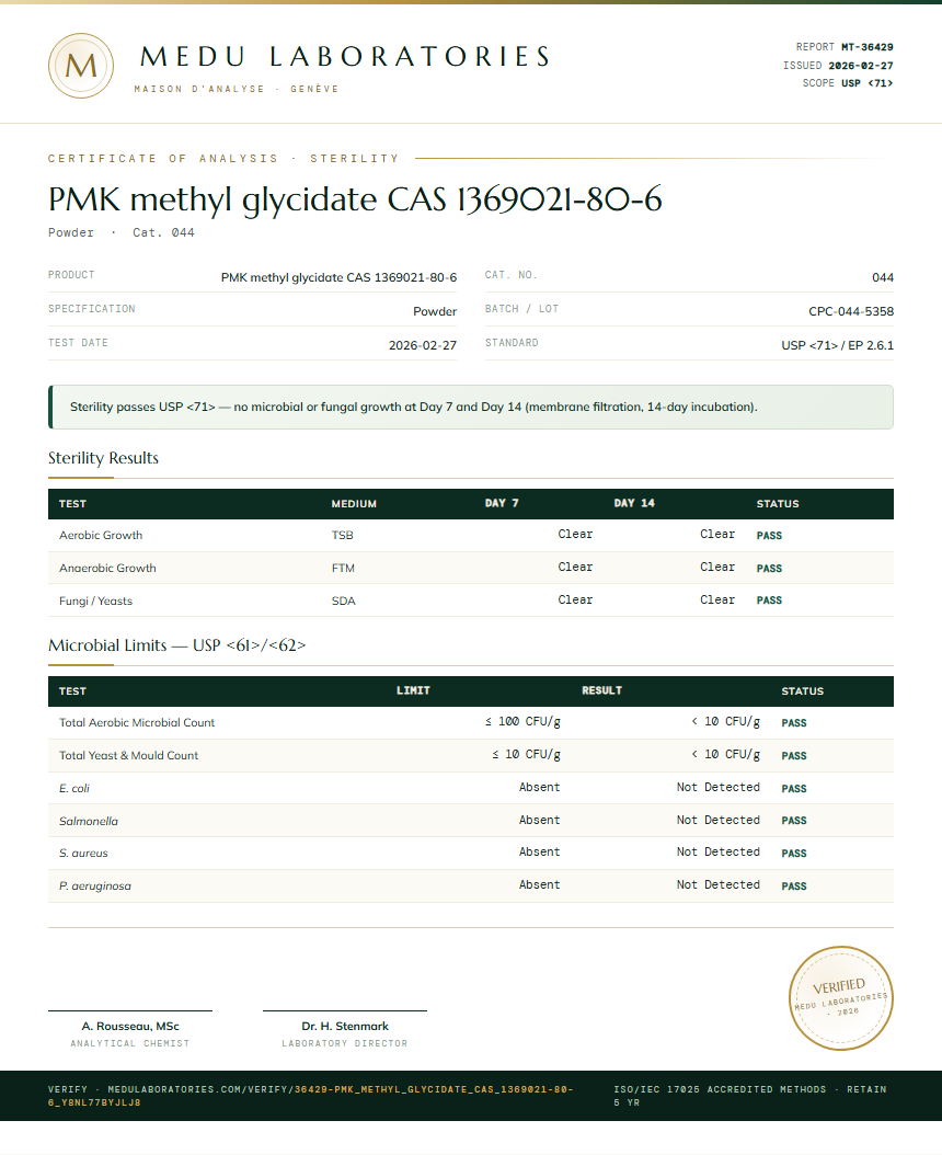 PMK methyl glycidate CAS 1369021-80-6 Sterility report by Medu Laboratories