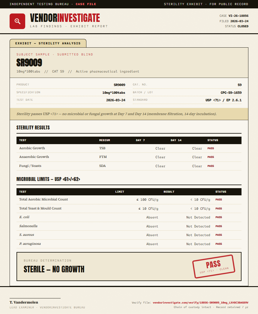 SR9009 Sterility report by VendorInvestigate